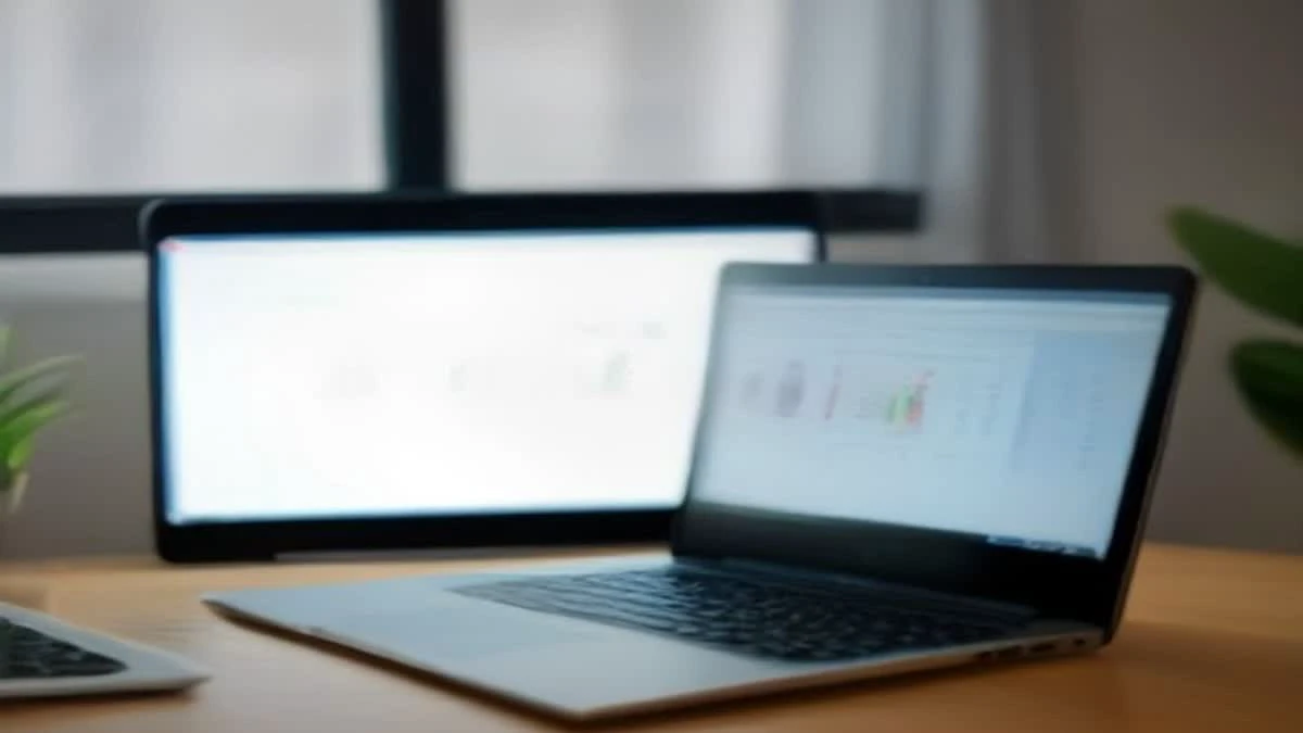 Minimal desk with a laptop and a smartphone showing an abstract rising line chart in natural window light